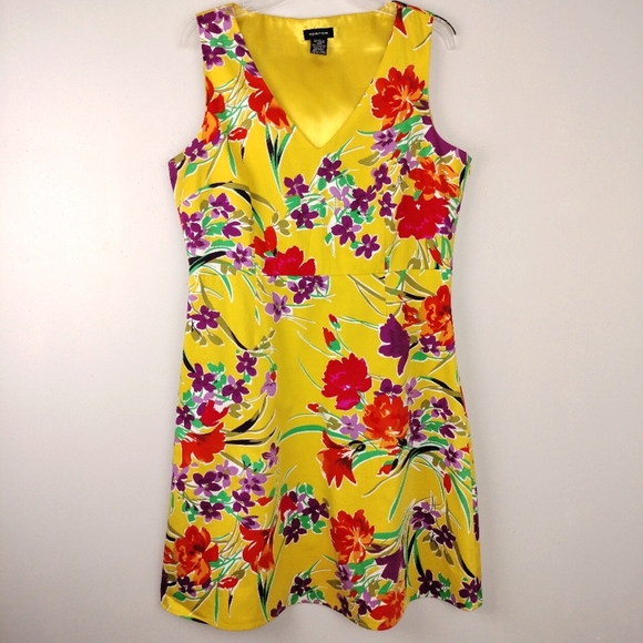 NWOT SPENSE Yellow Floral Fit & Flare Dress w/ Satin Lined Bodice Sz. 14 - Picture 1 of 11